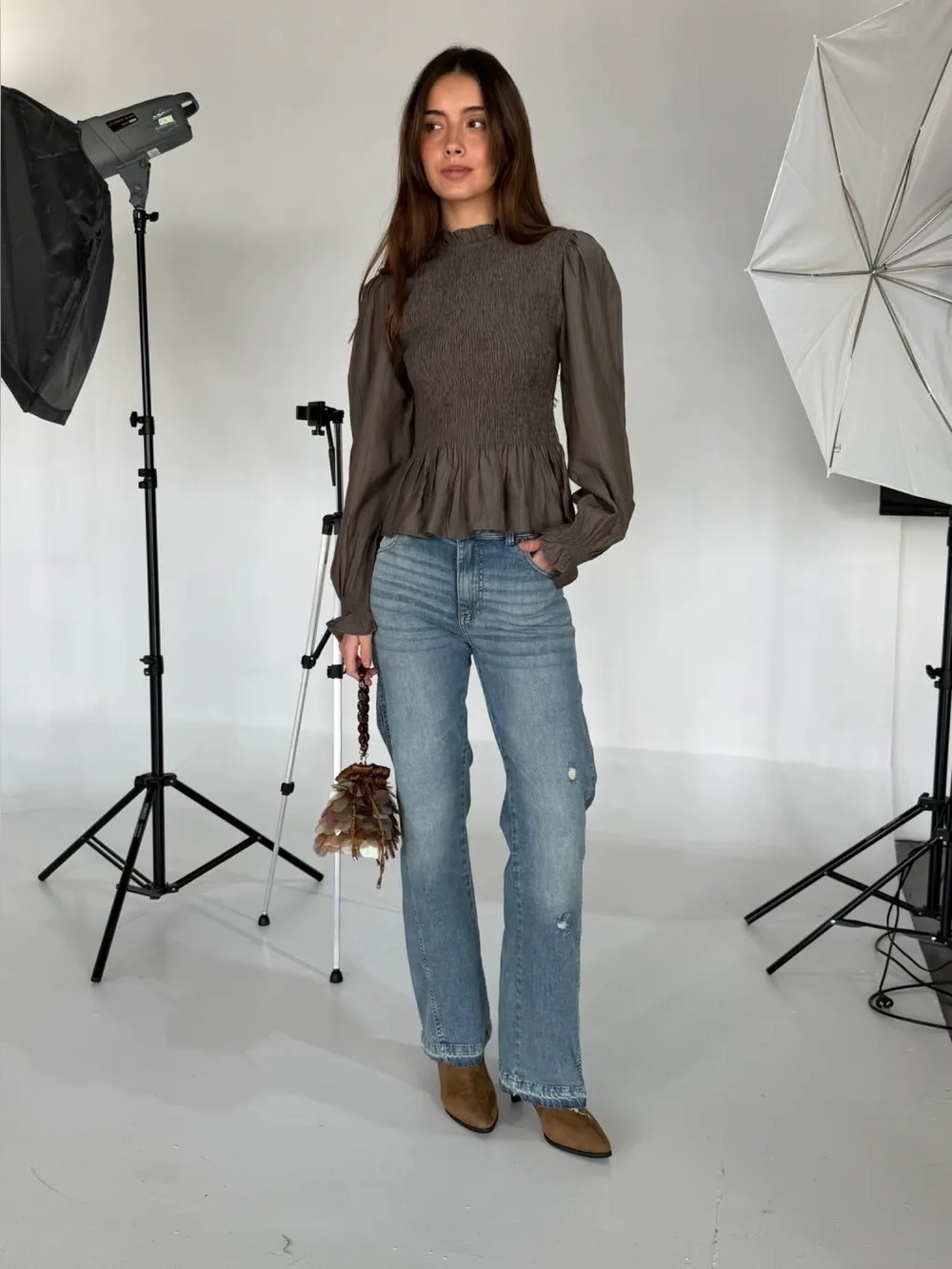 VENUS Gray Smocked Peplum Long Sleeve Blouse